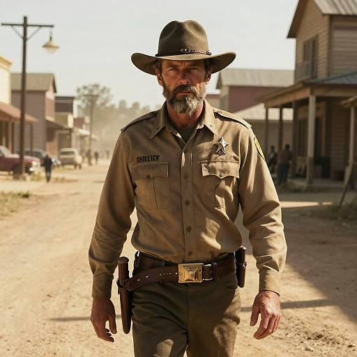 Sheriff in Classic Western Uniform Walking Down Dusty Town Street