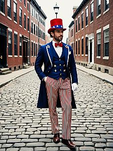 Patriotic Man in Vintage Costume on Cobblestone Street