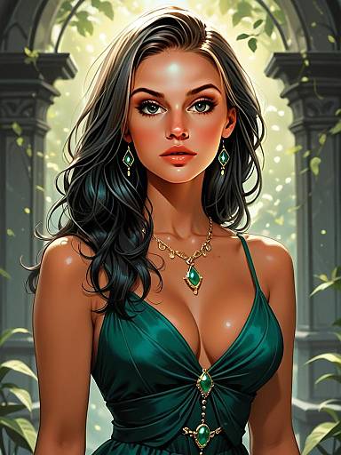 Elegant Woman in Green Dress with Emerald Jewelry Digital Comic Style Illustration