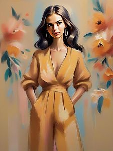 Stylish Woman in Yellow Outfit with Floral Background