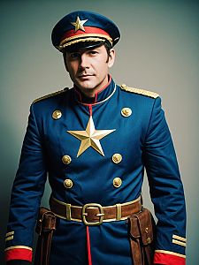Man in Realistic Captain Grime Cosplay Costume with Blue Military Uniform