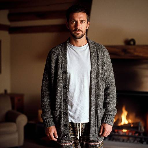 Man Wearing Cozy Gray Cardigan by Fireplace Indoors