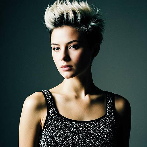 Stylish Woman with Platinum Blonde Hair in Sparkly Tank Top Portrait