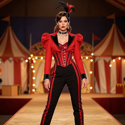 Woman in Red and Black Circus-Themed Fashion Outfit on Runway