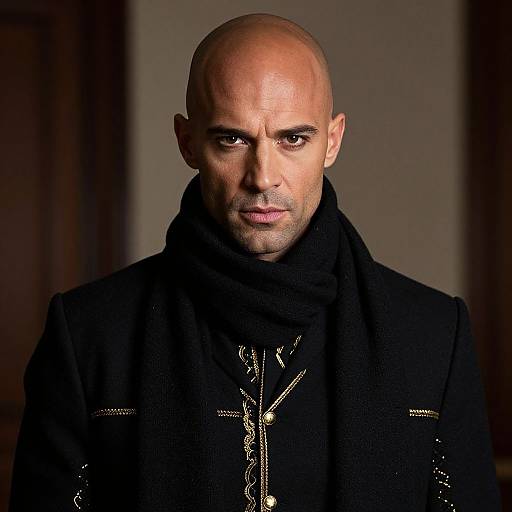 Portrait of Bald Man in Black Coat with Gold Embroidery and Scarf