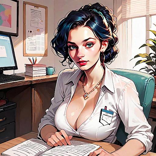 Digital Illustration of Woman Reading in Office Setting