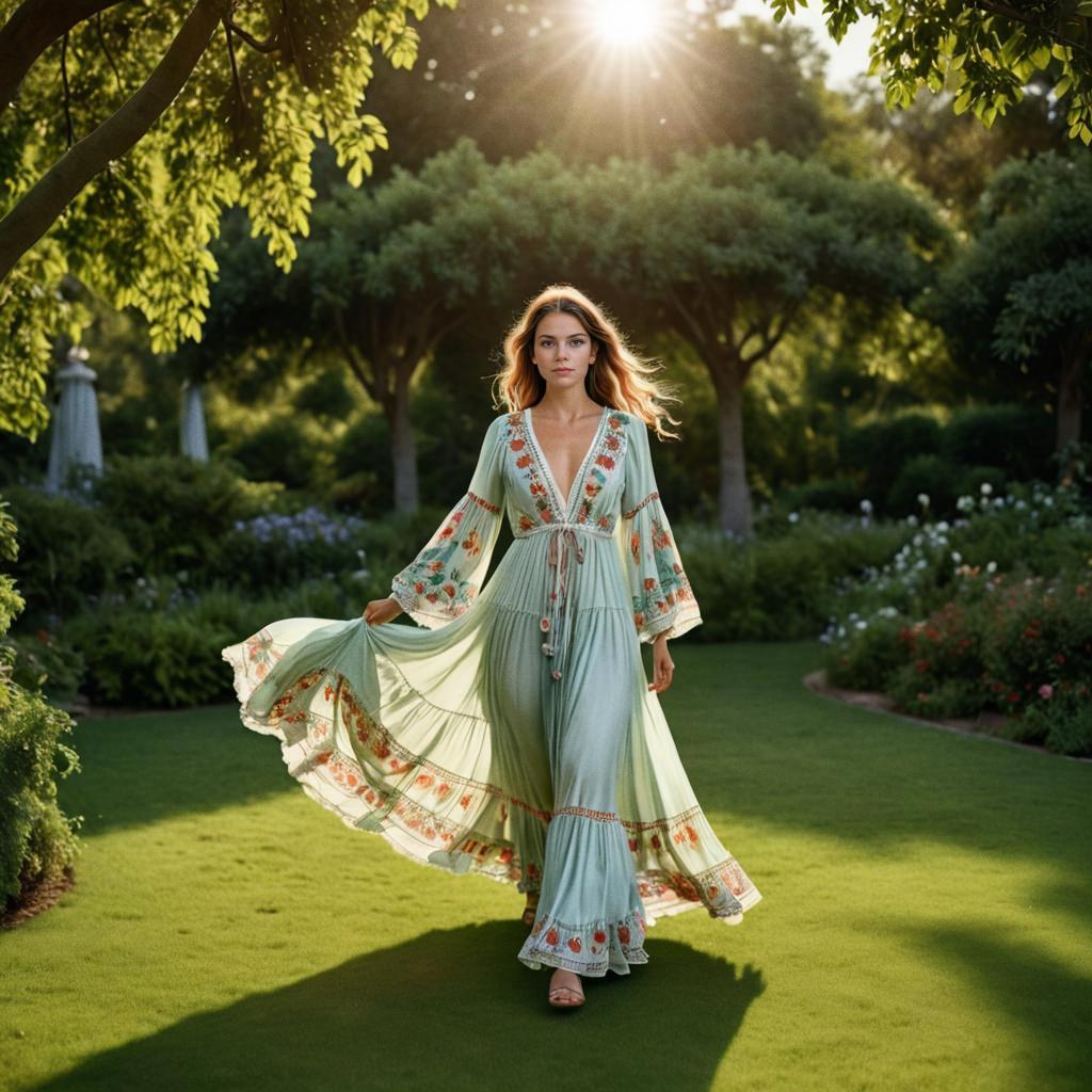 Elegant Woman in Floral Dress in Lush Garden