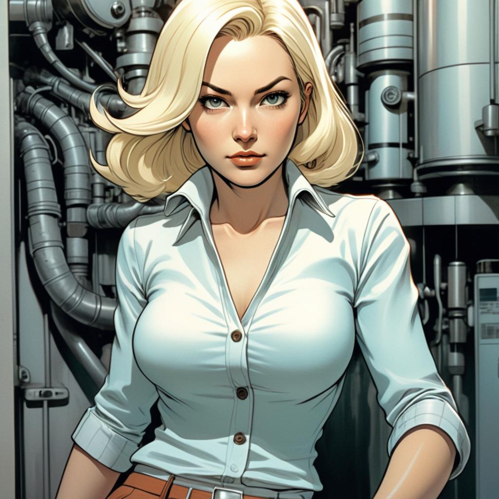 Confident Blonde Woman in Industrial Setting Digital Art
