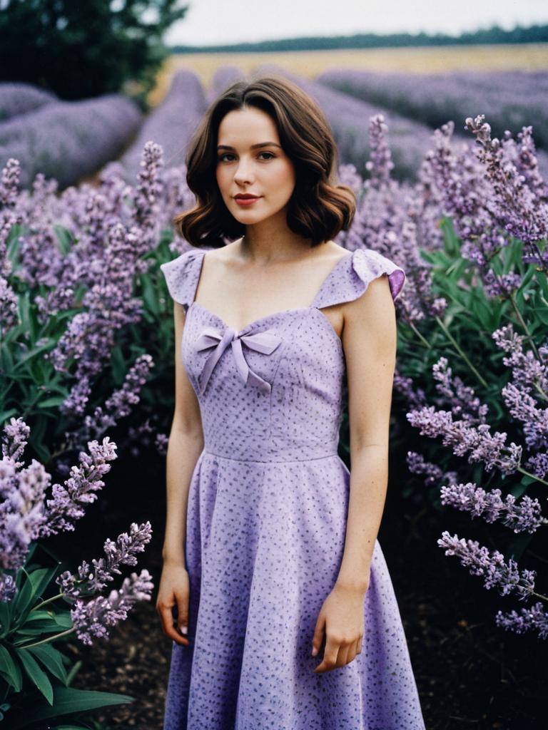 Young Woman in Lavender Field Wearing Purple Dress