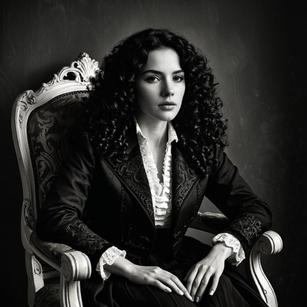 Elegant Victorian Style Woman in Ornate Chair Black and White Portrait