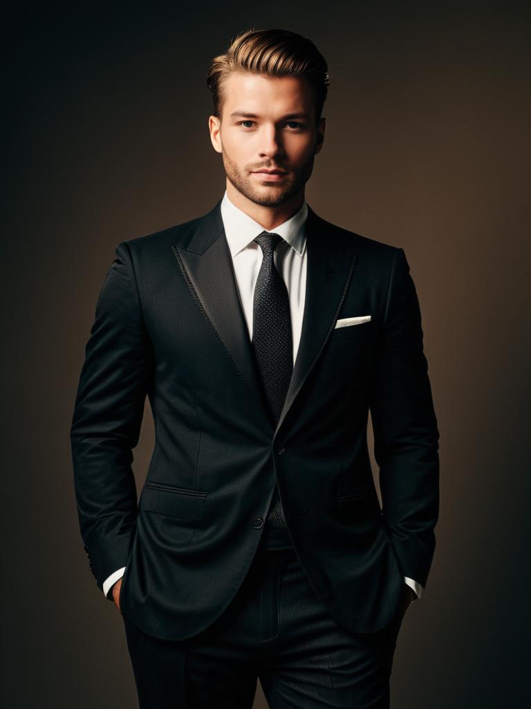 Man in Formal Black Suit with Tie Photorealistic Studio Portrait