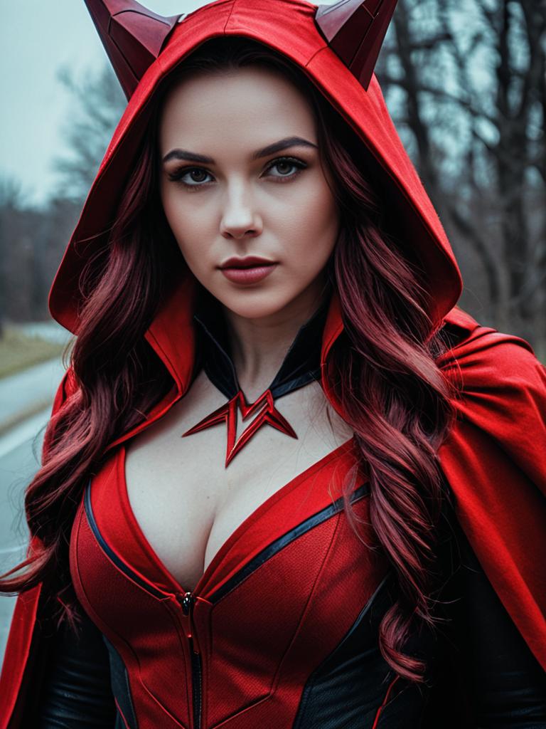 Photorealistic Scarlet Witch Woman Cosplay Portrait in Dramatic Outdoor Setting