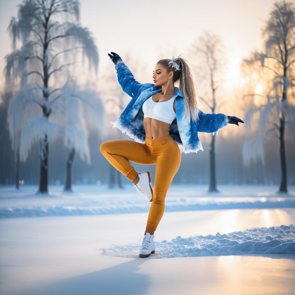 Woman in Denim Jacket and Orange Leggings in Snowy Landscape