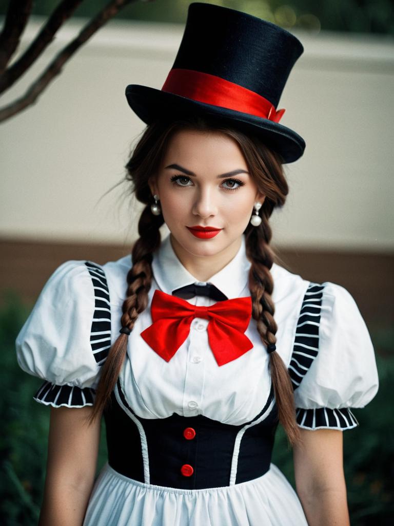 Alice in Wonderland Costume Woman with Top Hat and Bow Tie