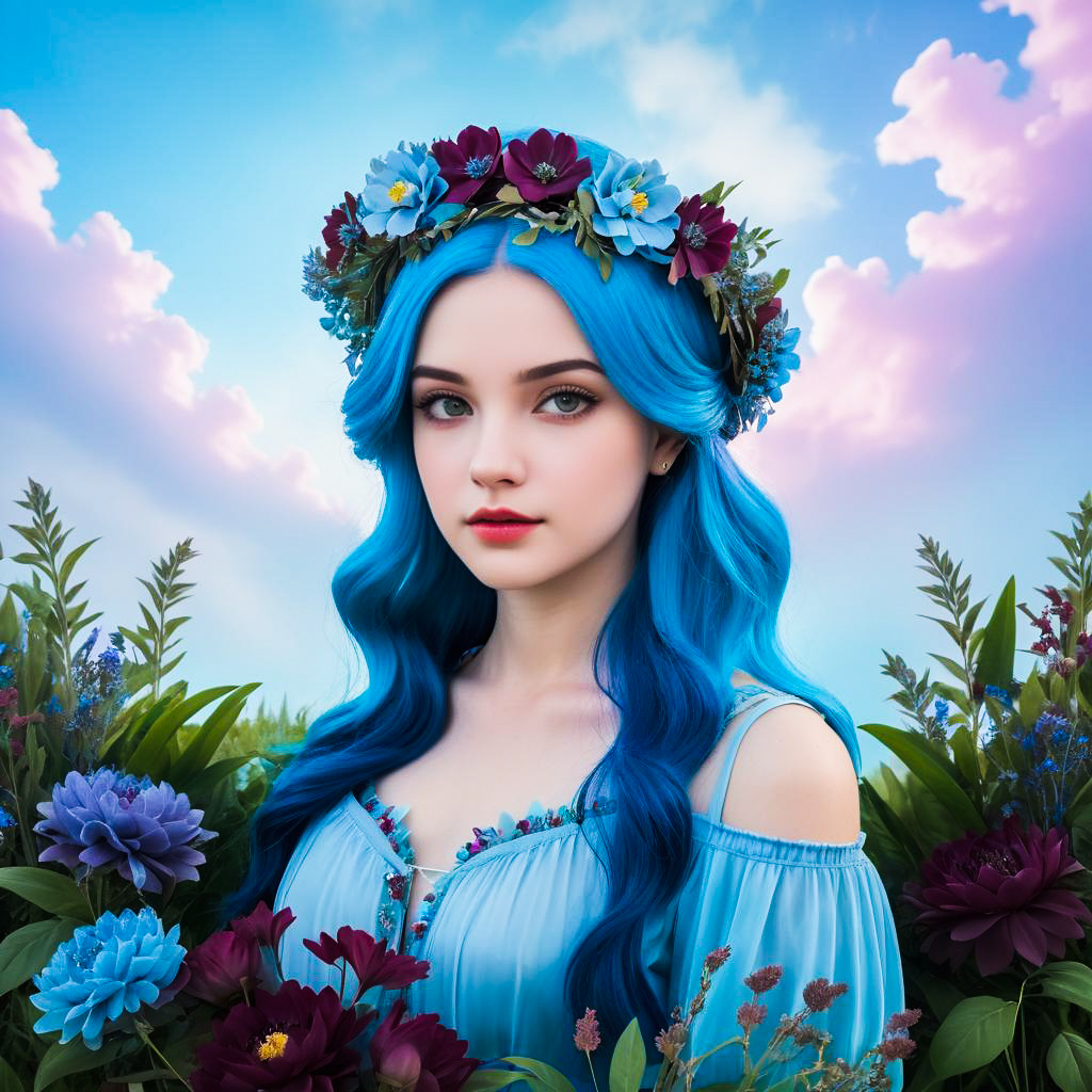 Woman with Blue Hair and Floral Crown in Fantasy Setting