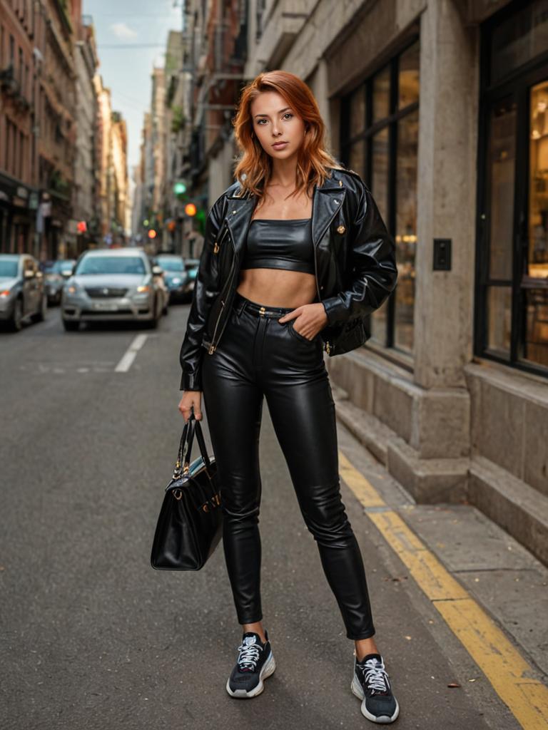 Confident Woman in Stylish Black Leather Outfit on Urban Street