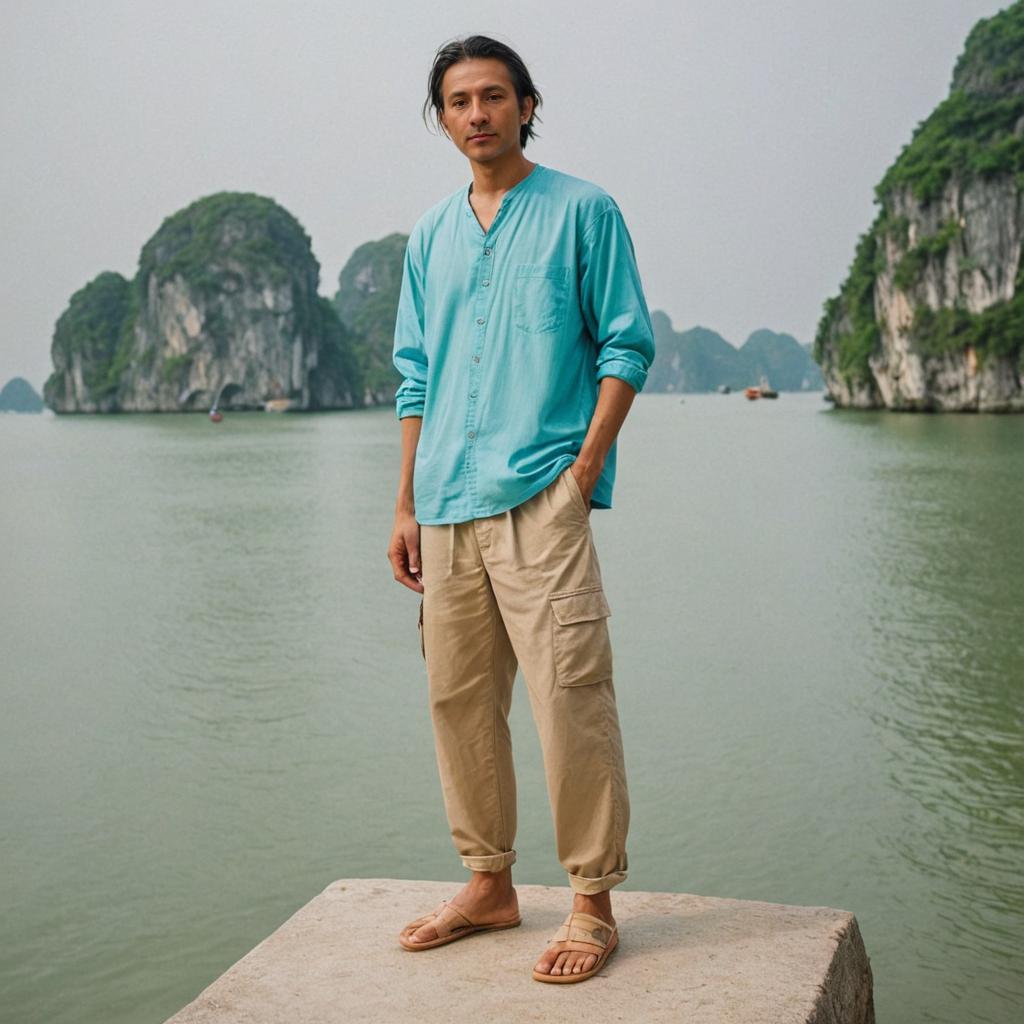 Man on Concrete Platform with Ha Long Bay Background