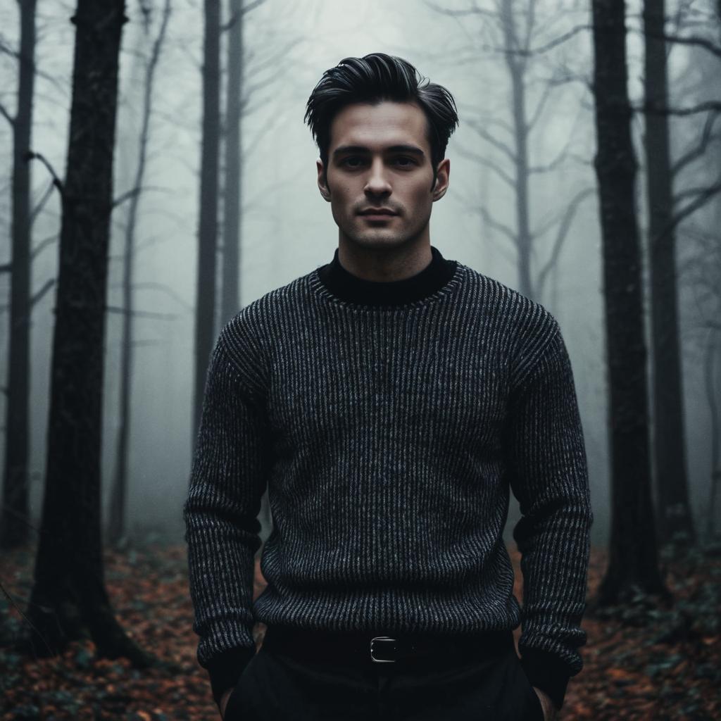 Confident Young Man in Misty Forest