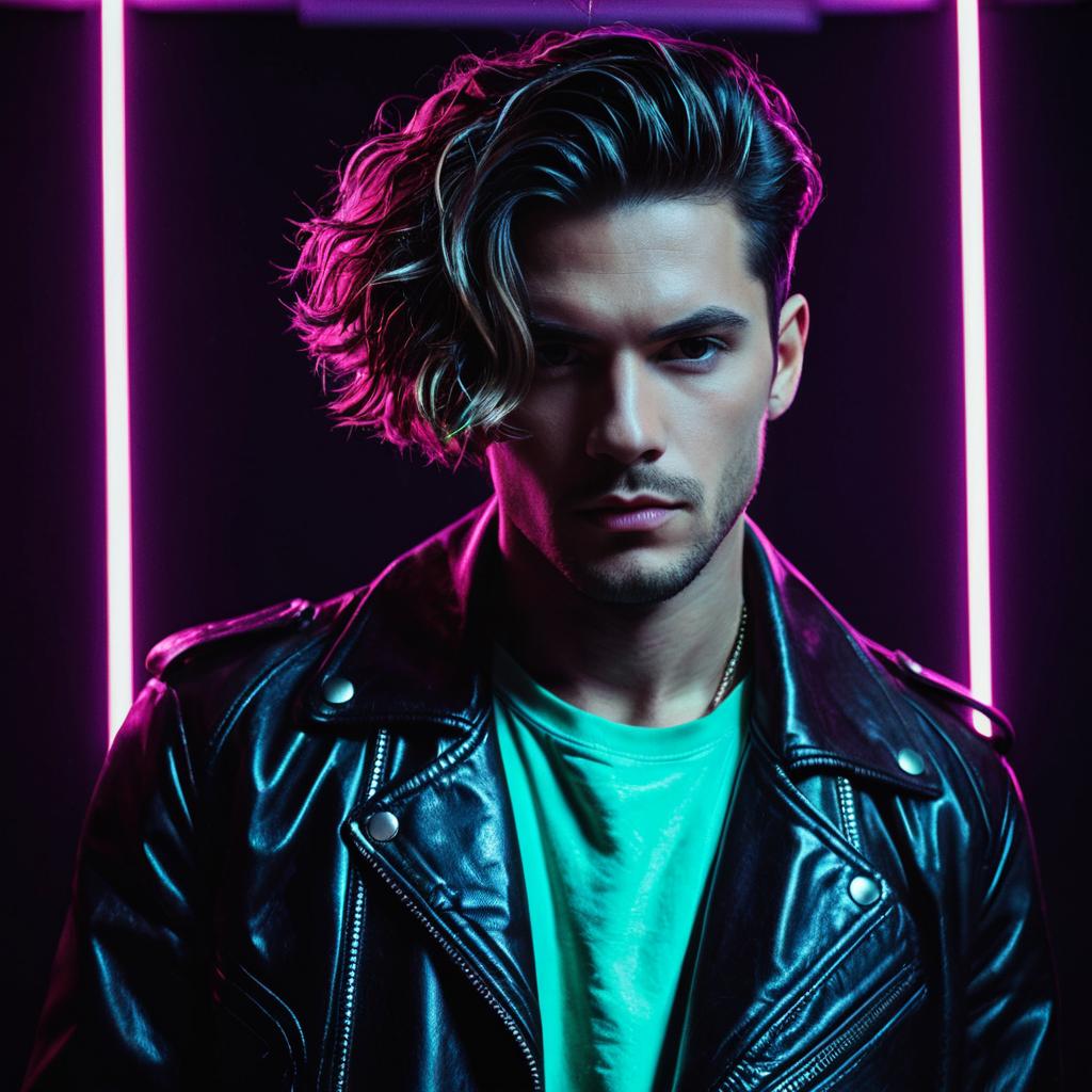 Stylish Young Man in Leather Jacket with Neon Pink Lighting