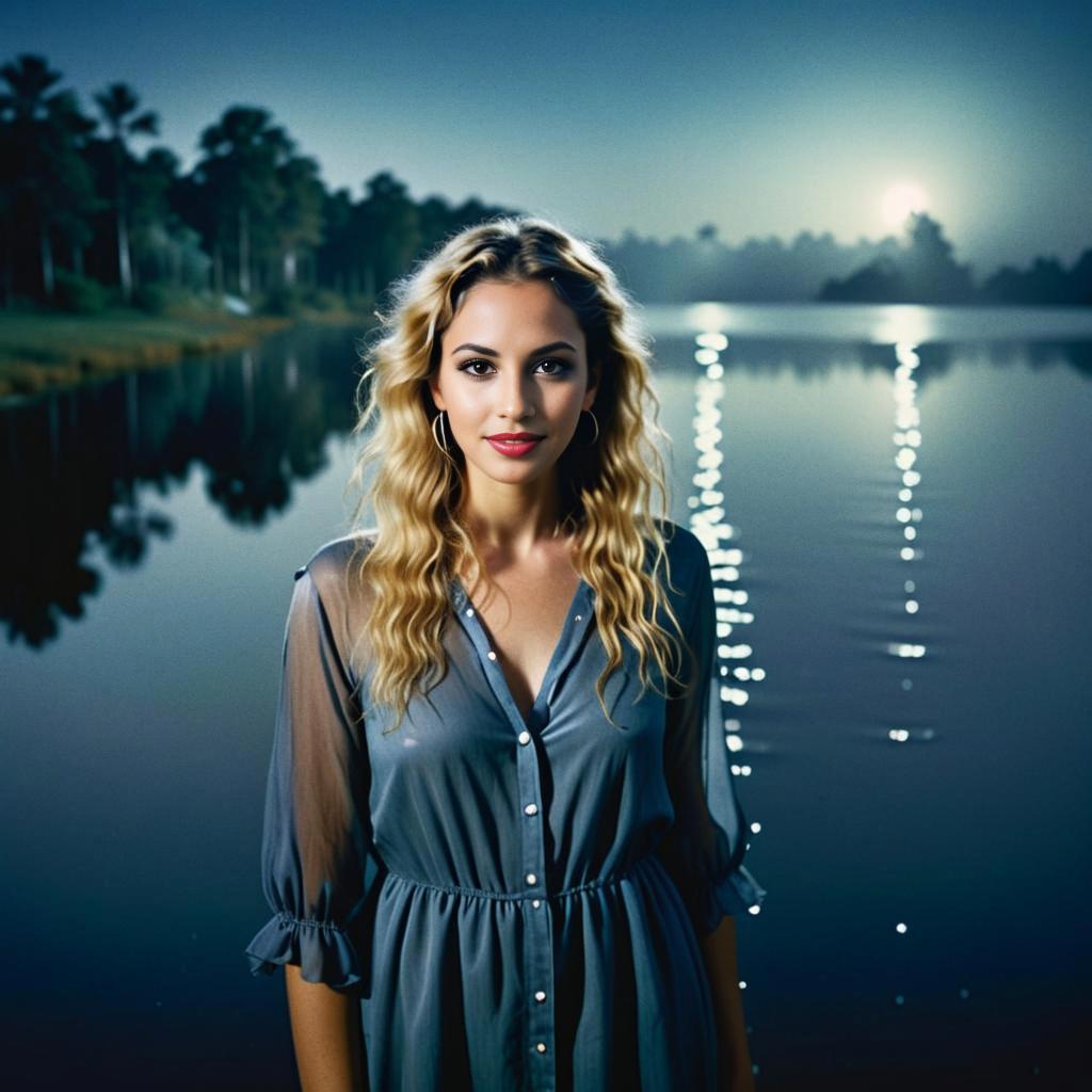 Woman by Serene Moonlit Lake