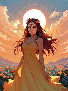 Woman in Yellow Dress in Flower Field at Sunset