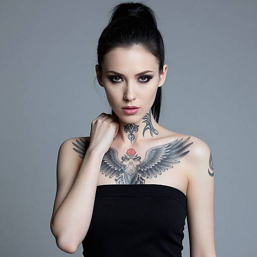 Portrait of Woman with Intricate Chest and Neck Tattoos in Black Strapless Top