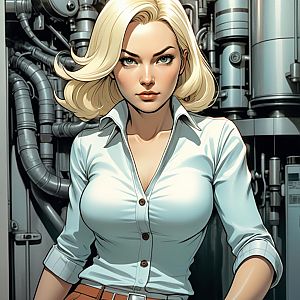 Confident Blonde Woman in Industrial Setting Digital Art