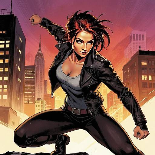 Fierce Woman Action Hero Comic Illustration in Urban Sunset Cityscape