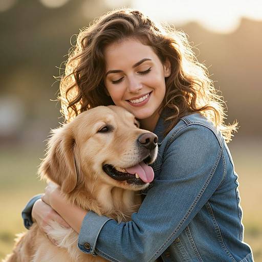 Young Woman Hugging Golden Retriever in Denim Jacket Outdoor