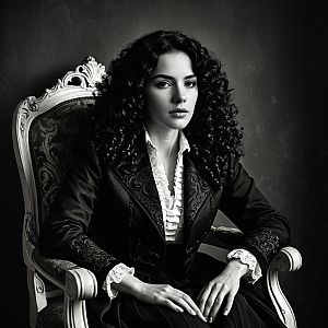 Elegant Victorian Style Woman in Ornate Chair Black and White Portrait