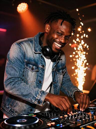 Energetic Young DJ Performing at Nightclub with Sparks and Lighting