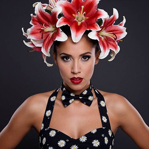 Woman Wearing Black Daisy Dress and Lily Flower Headpiece