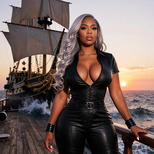 Confident Woman in Black Leather Outfit on Sailing Ship at Sunset