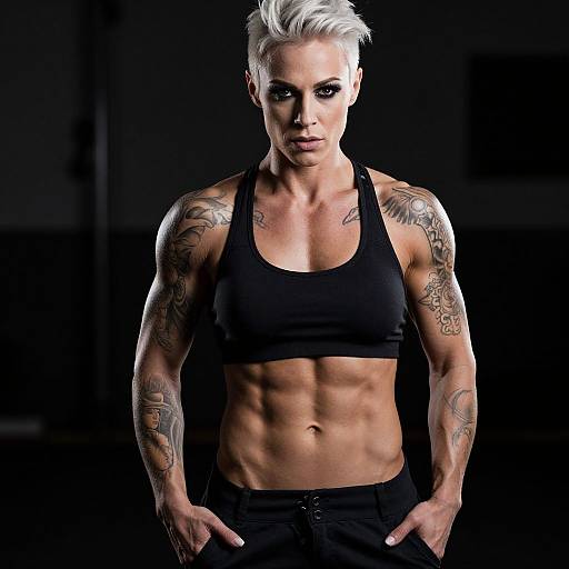 Strong Tattooed Woman with Muscular Build in Black Sportswear