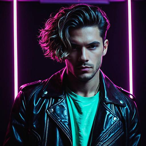 Stylish Young Man in Leather Jacket with Neon Pink Lighting