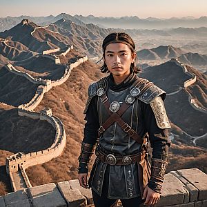 Young Man in Armor on Great Wall of China at Sunset