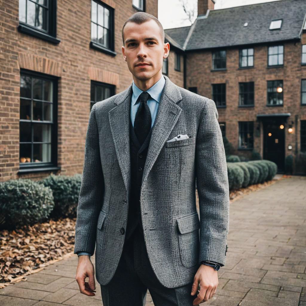 Stylish Man in Grey Blazer Against Elegant Brick Building