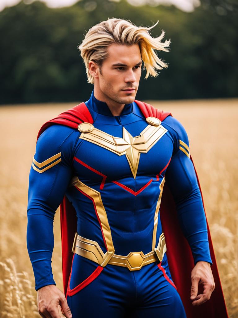 Realistic All Might Inspired Superhero Costume Man in Field
