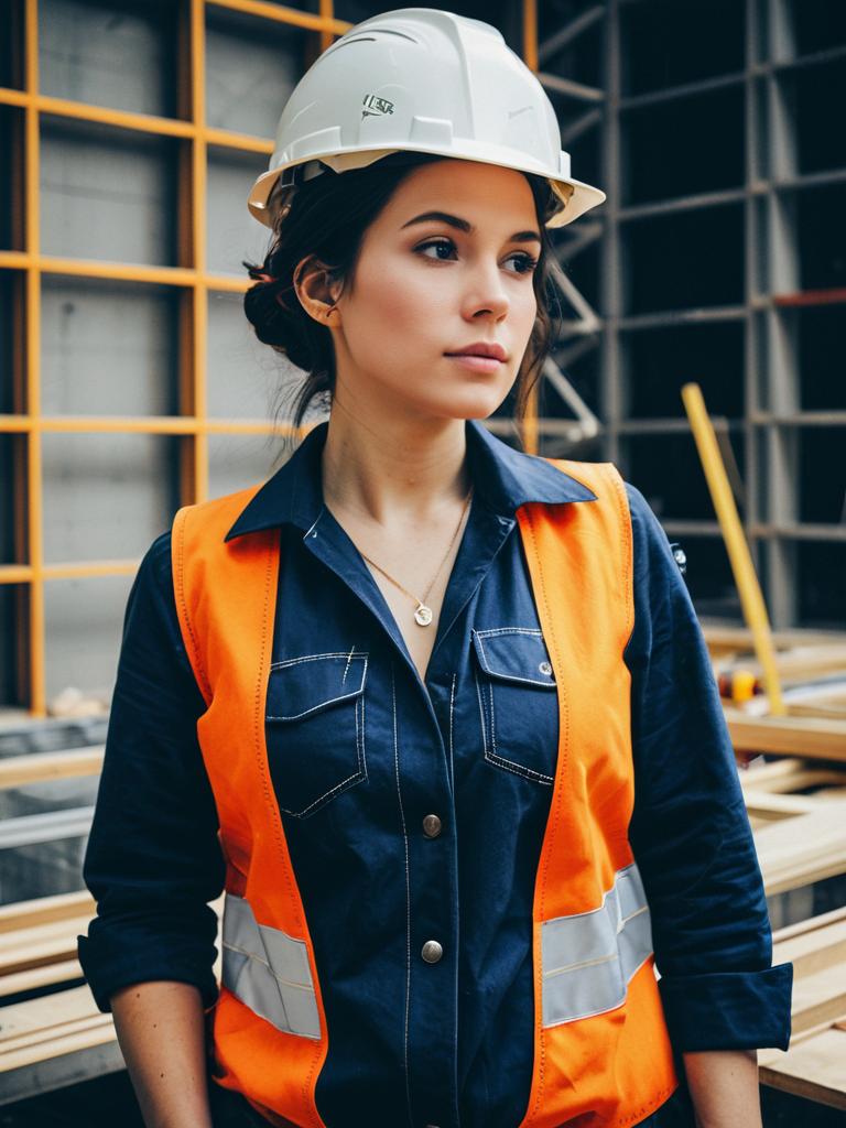 Woman in Construction Project Costume with Safety Helmet and Reflective Vest