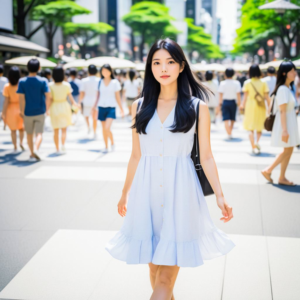 Confident Woman in Light Blue Dress on Urban Street