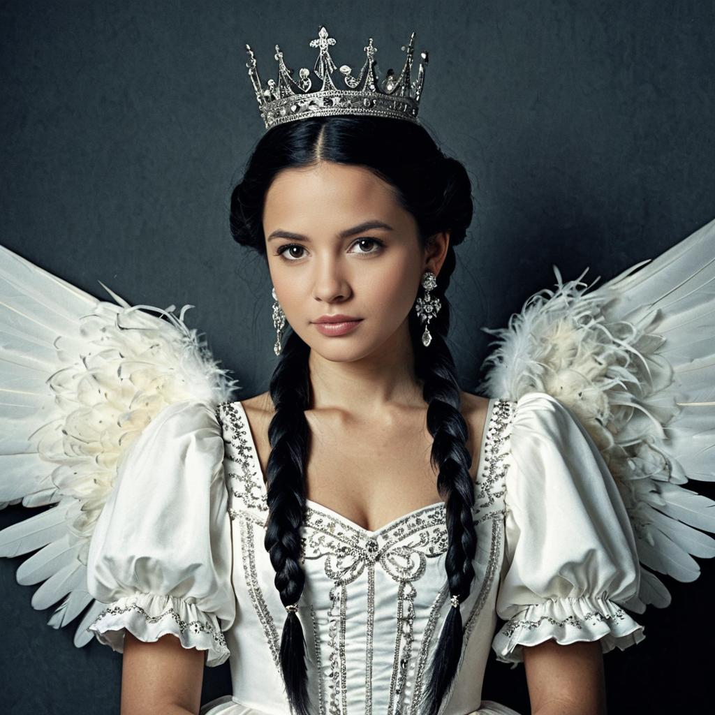 Queen Angel Costume Woman with Feathered Wings and Silver Crown Queen Angel Costume Woman with Feathered Wings and Silver Crown