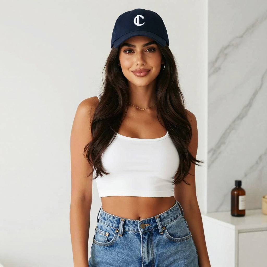 Casual Gen Z Woman in White Crop Top and Denim Jeans with Baseball Cap