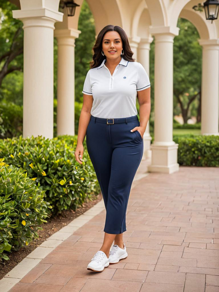 Confident Woman in Stylish Outfit Walking in Landscaped Area