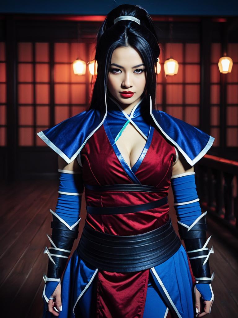 Fierce Woman in Stylish Blue and Red Fantasy Warrior Cosplay Costume