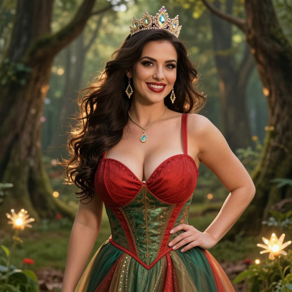 Elegant Woman in Red and Green Corset Gown with Jeweled Tiara in Forest