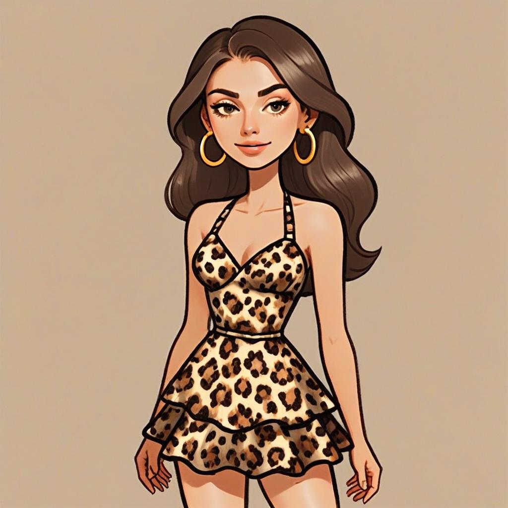 Woman in Leopard Print Dress with Pretty Hair and Smile Digital Illustration