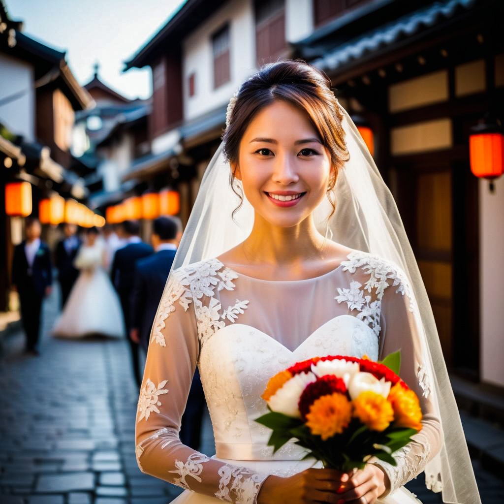 Radiant Bride in Charming Street with Vibrant Bouquet