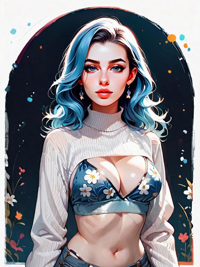 Realistic Digital Portrait of Woman in Deep Navy Blue Floral Bikini Top