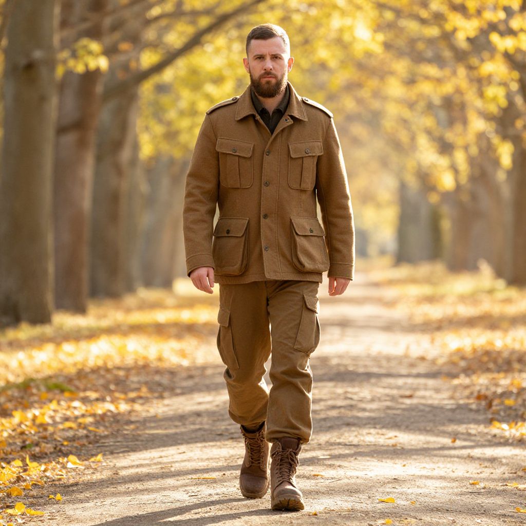 Man Walking on Autumn Path in Military-Style Outfit