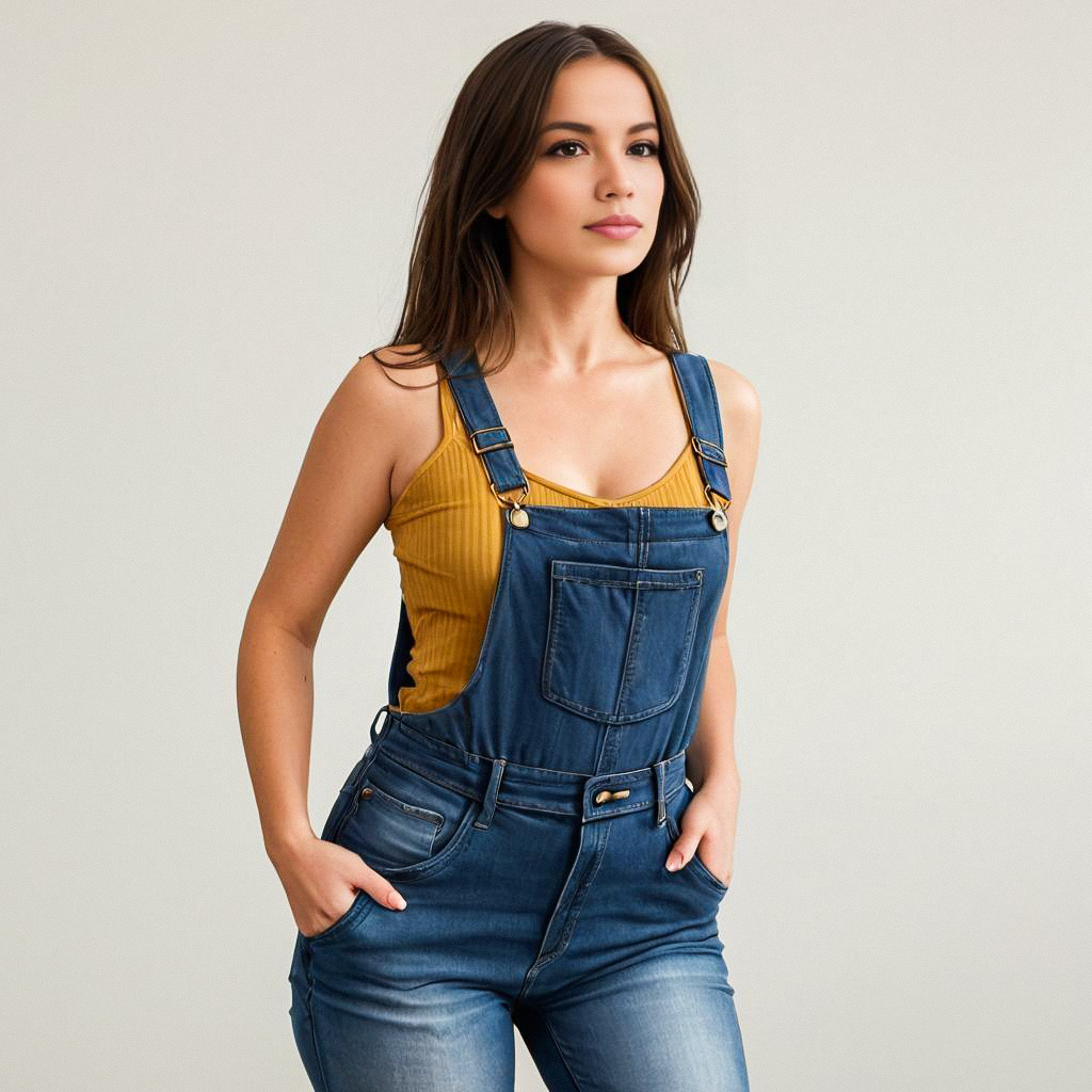 Confident Woman in Denim Overalls Confident Woman in Denim Overalls